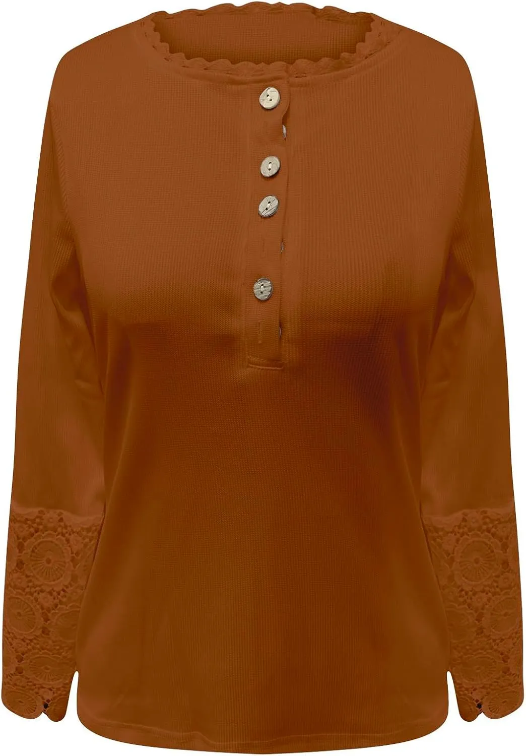Women Long Sleeve Tops V Neck Button up Henley Shirts Trendy Slim Fit Lace Sleeves Ribbed Knit Blouses Casual Shirt