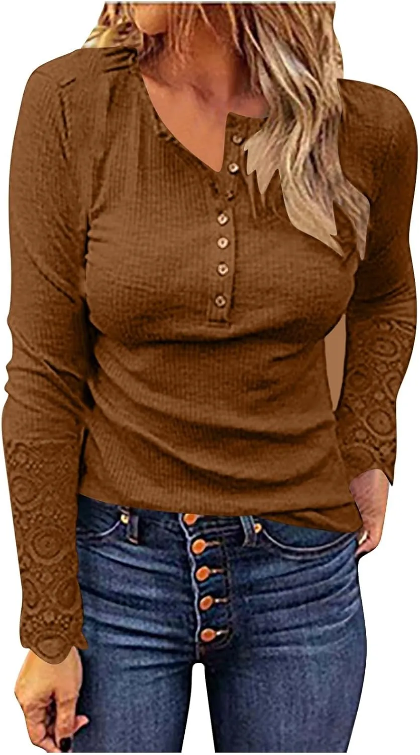 Women Long Sleeve Tops V Neck Button up Henley Shirts Trendy Slim Fit Lace Sleeves Ribbed Knit Blouses Casual Shirt