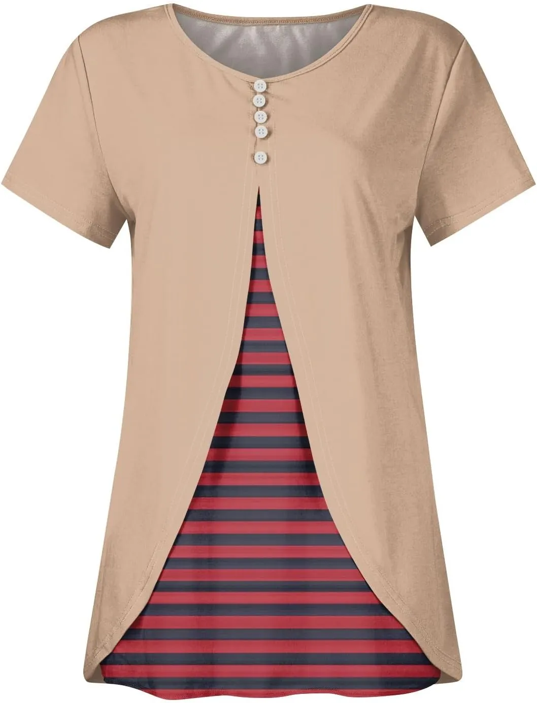 Women Summer Plus Size Short Sleeve Tops Fake Two Piece Pleated Layered Blouse Shirt Hide Belly Tunic Tops Plus Size