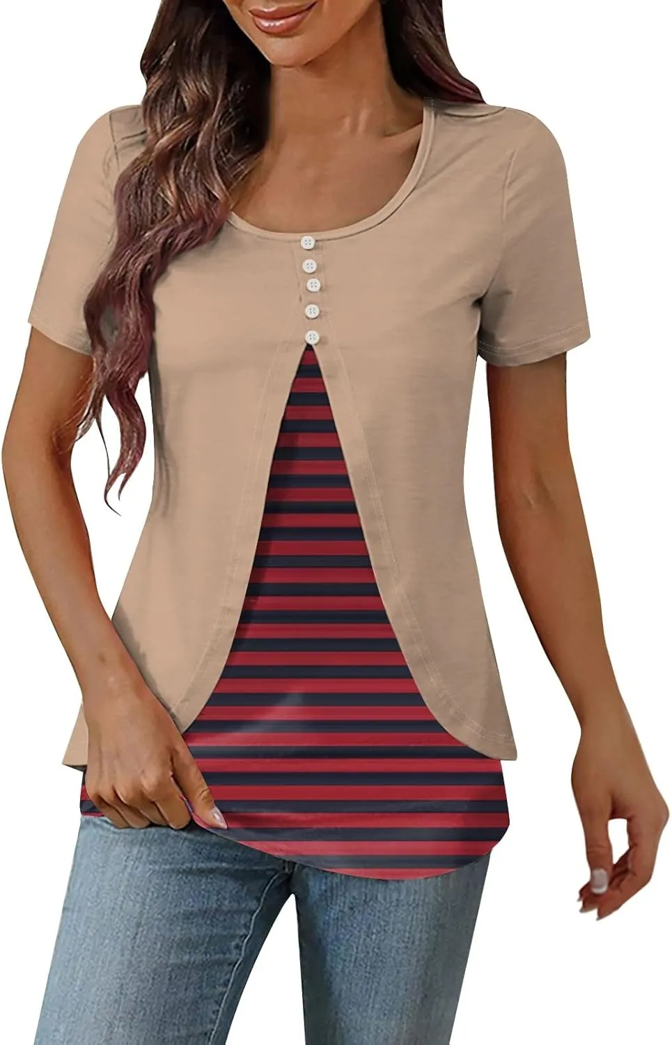 Women Summer Plus Size Short Sleeve Tops Fake Two Piece Pleated Layered Blouse Shirt Hide Belly Tunic Tops Plus Size
