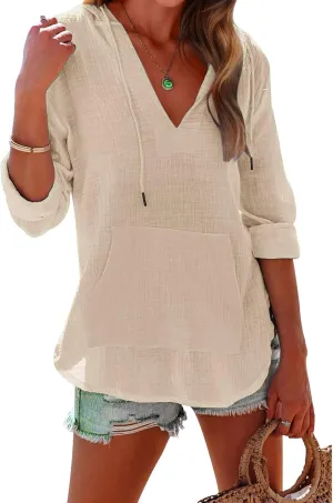 Women's Beach Cover Up Long Sleeve V Neck Linen Tops Pocketed Hooded Shirt Lightweight Summer Blouse Hoodies Sweatshirt