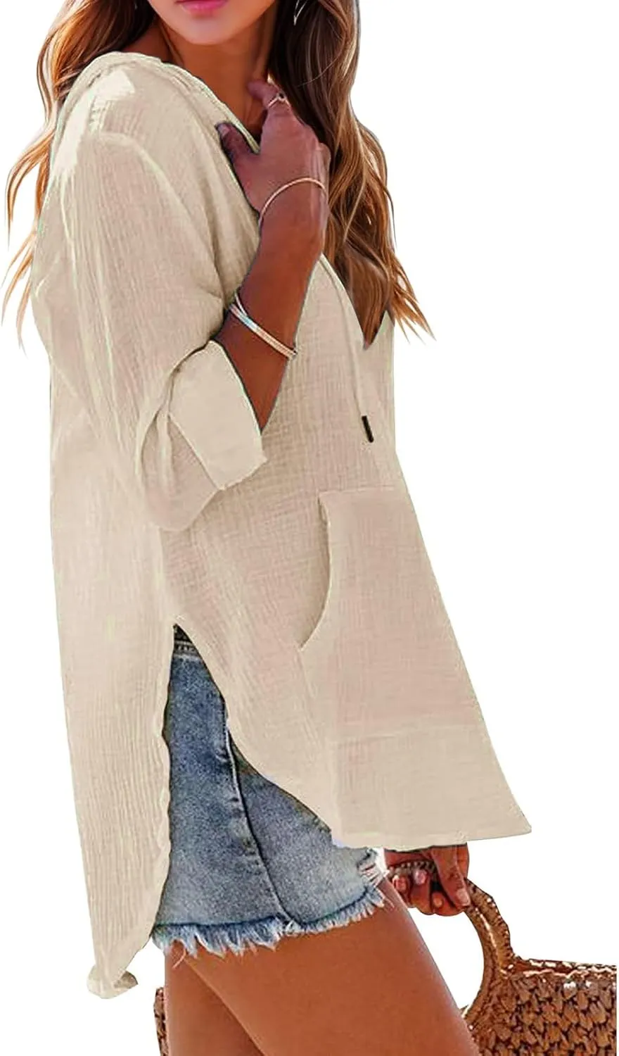 Women's Beach Cover Up Long Sleeve V Neck Linen Tops Pocketed Hooded Shirt Lightweight Summer Blouse Hoodies Sweatshirt