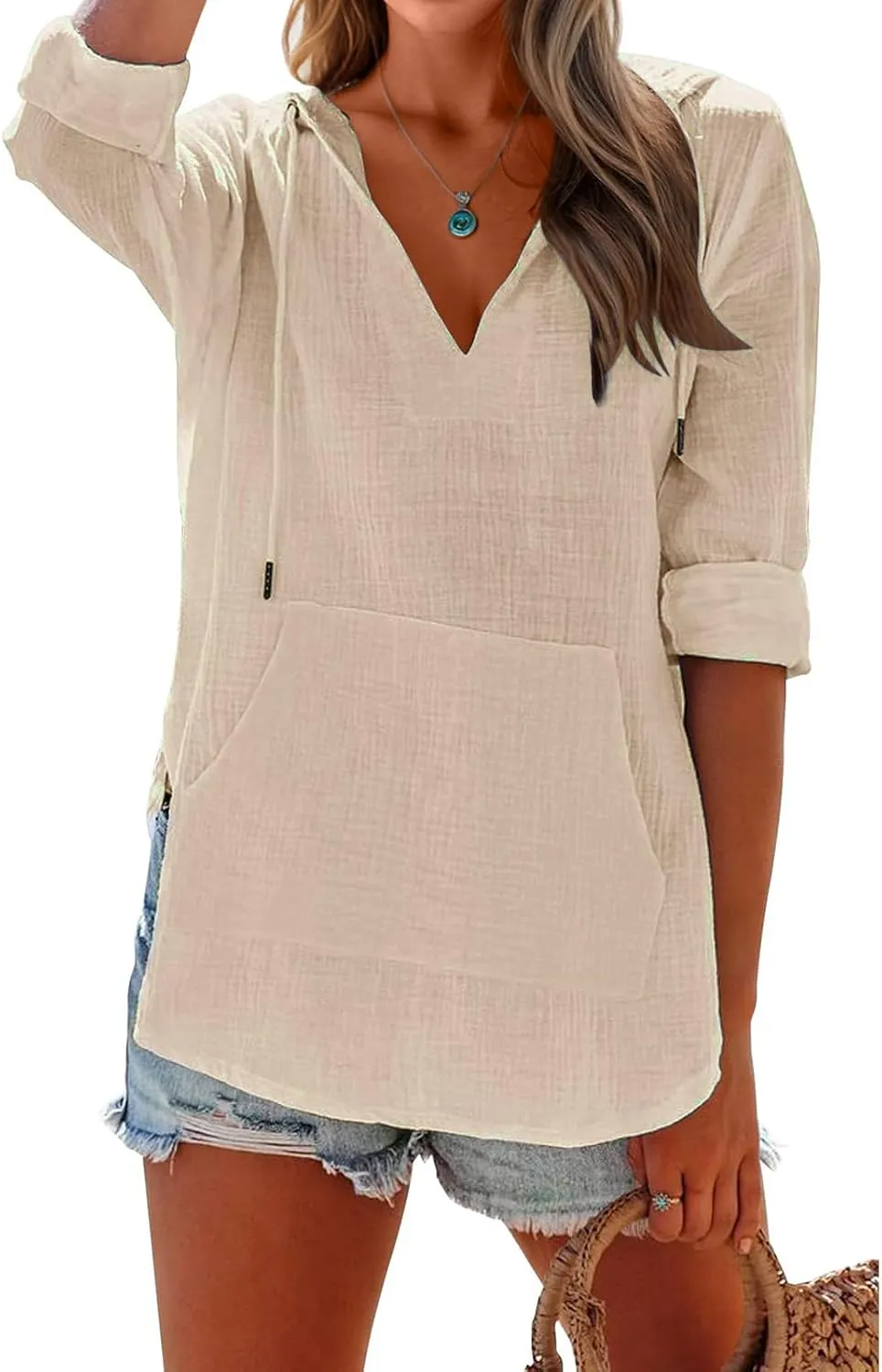 Women's Beach Cover Up Long Sleeve V Neck Linen Tops Pocketed Hooded Shirt Lightweight Summer Blouse Hoodies Sweatshirt