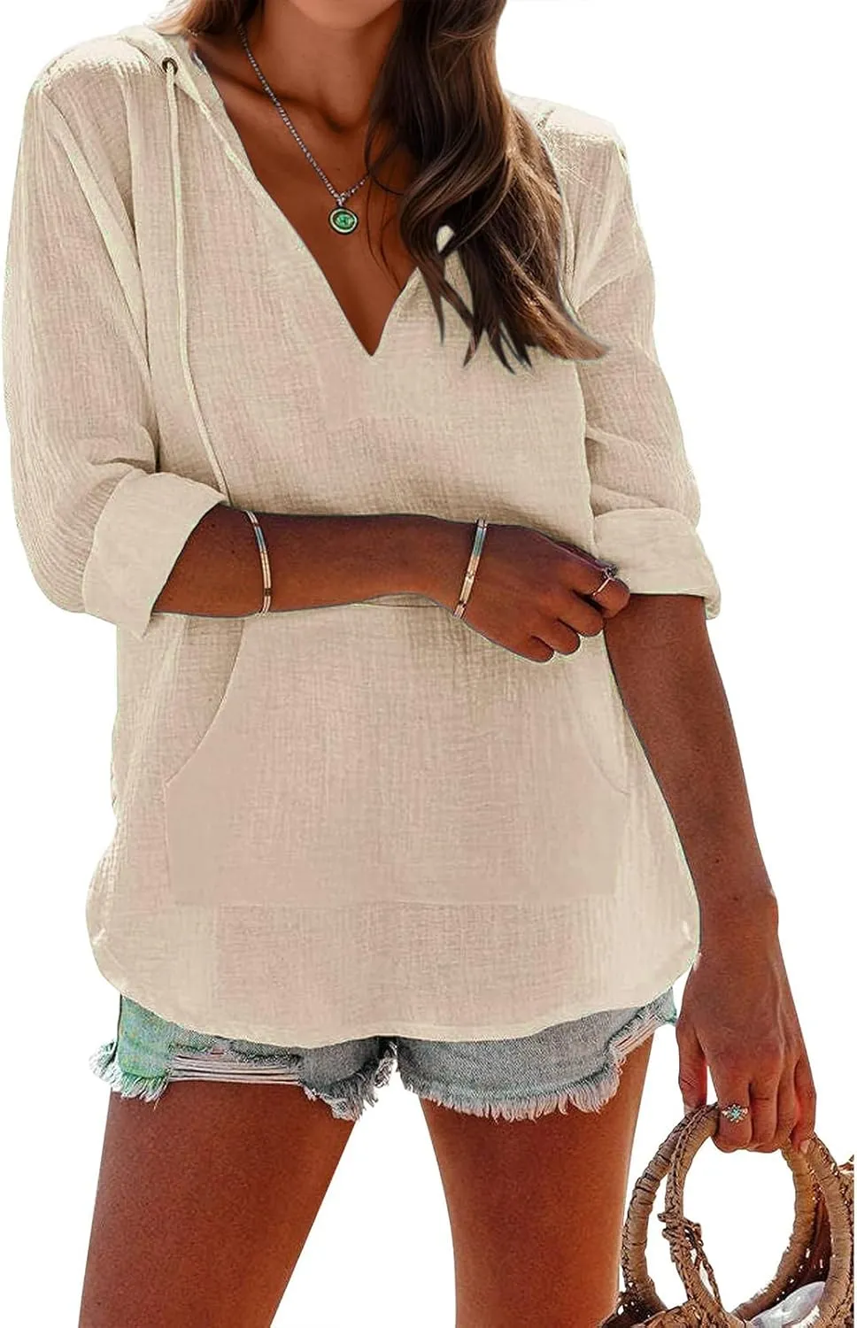 Women's Beach Cover Up Long Sleeve V Neck Linen Tops Pocketed Hooded Shirt Lightweight Summer Blouse Hoodies Sweatshirt