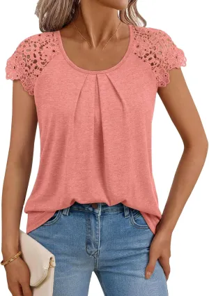 Womens Casual Tops Summer Crew Neck Lace Short Sleeve T-Shirts Loose Fit Pleated Solid Color Pullover Tee Shirt 2025