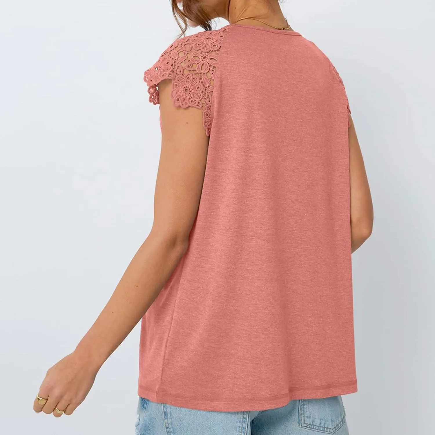 Womens Casual Tops Summer Crew Neck Lace Short Sleeve T-Shirts Loose Fit Pleated Solid Color Pullover Tee Shirt 2025