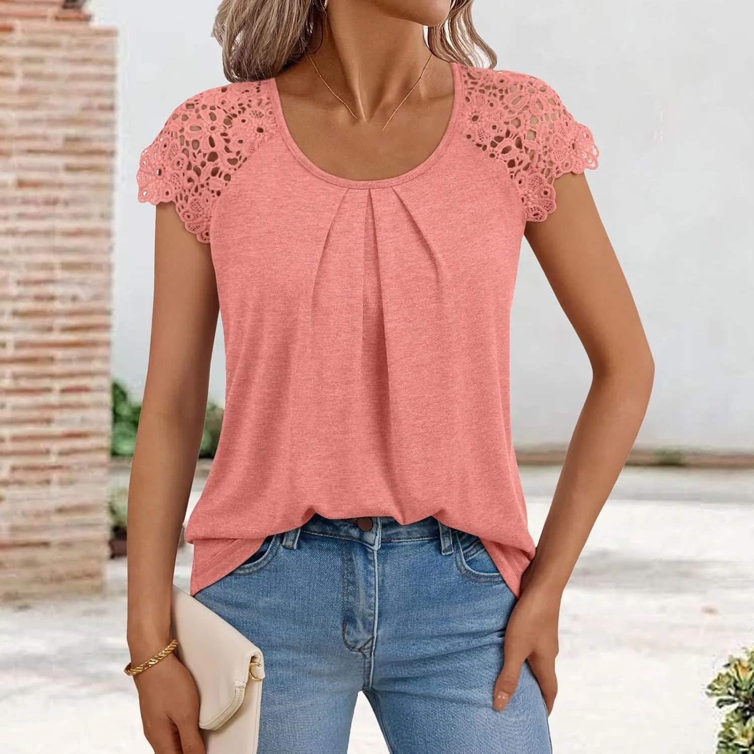 Womens Casual Tops Summer Crew Neck Lace Short Sleeve T-Shirts Loose Fit Pleated Solid Color Pullover Tee Shirt 2025