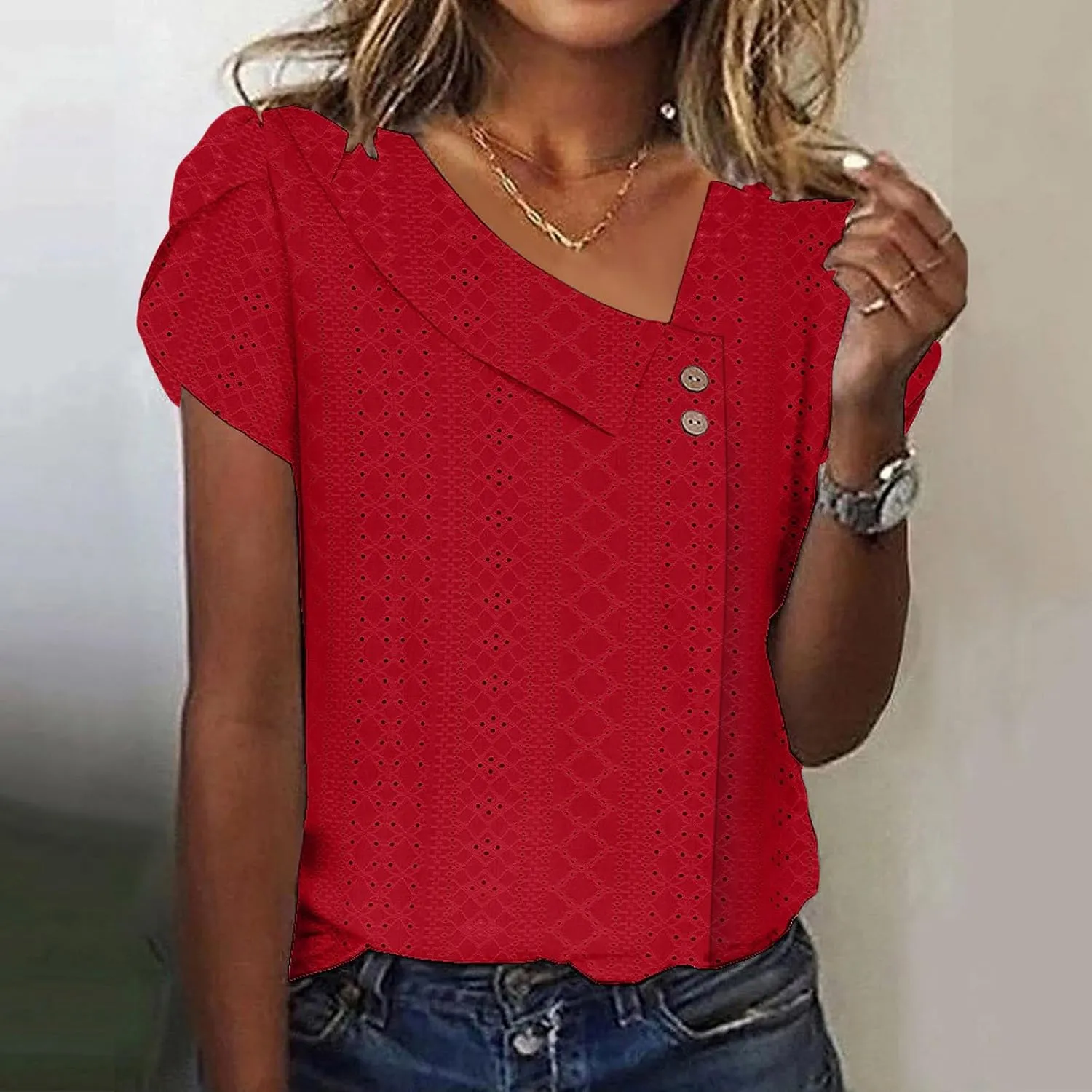 Womens Cut Out Plain Tshirts Loose Fit Long Tops Tee for Women Short Sleeve Skew Vneck Neck Summer Fall Shirts 2024