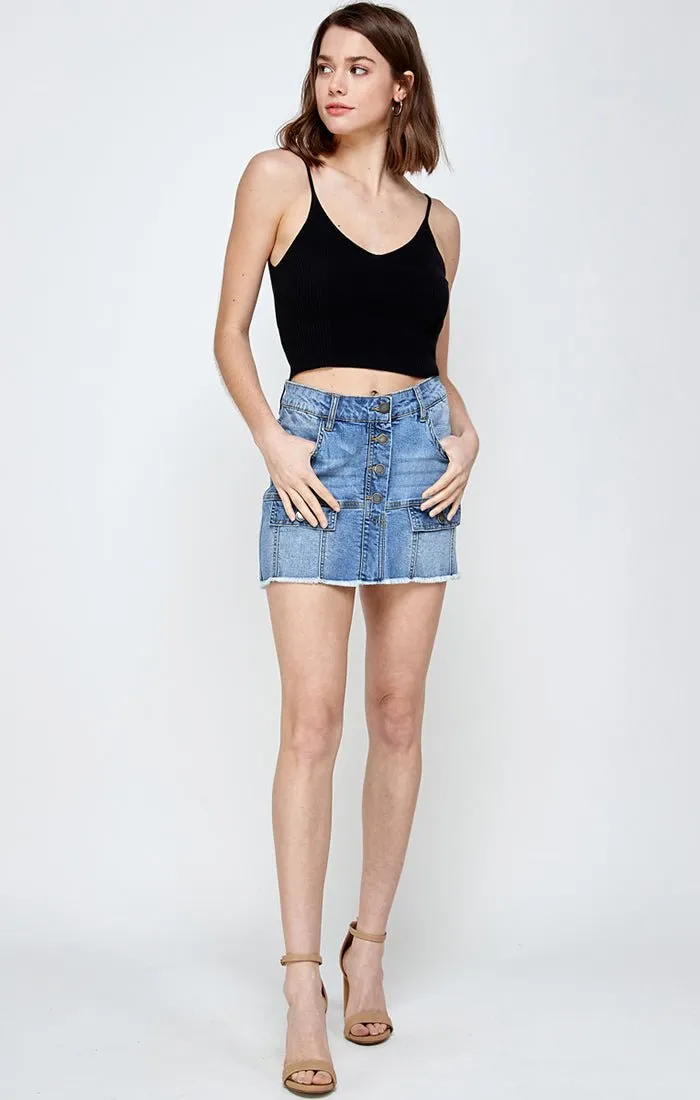 Womens Denim Mini Skirt With Faux Pocekts