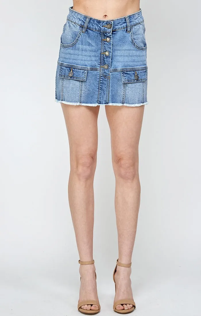 Womens Denim Mini Skirt With Faux Pocekts