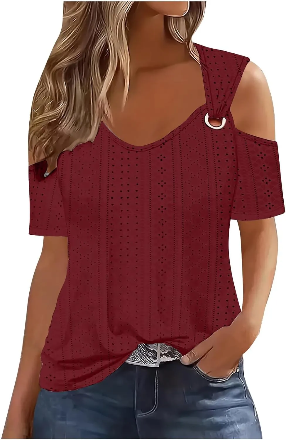 Womens Eyelet Tunic Tops Cold Shoulder Sexy T-Shirt Solid Color Hollow Out Blouse V Neck Short Sleeve Casual Shirts