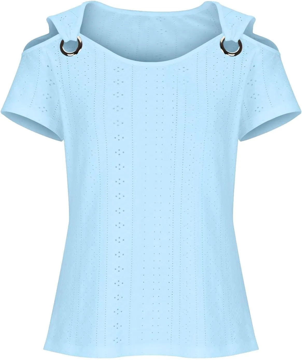 Womens Eyelet Tunic Tops Cold Shoulder Sexy T-Shirt Solid Color Hollow Out Blouse V Neck Short Sleeve Casual Shirts