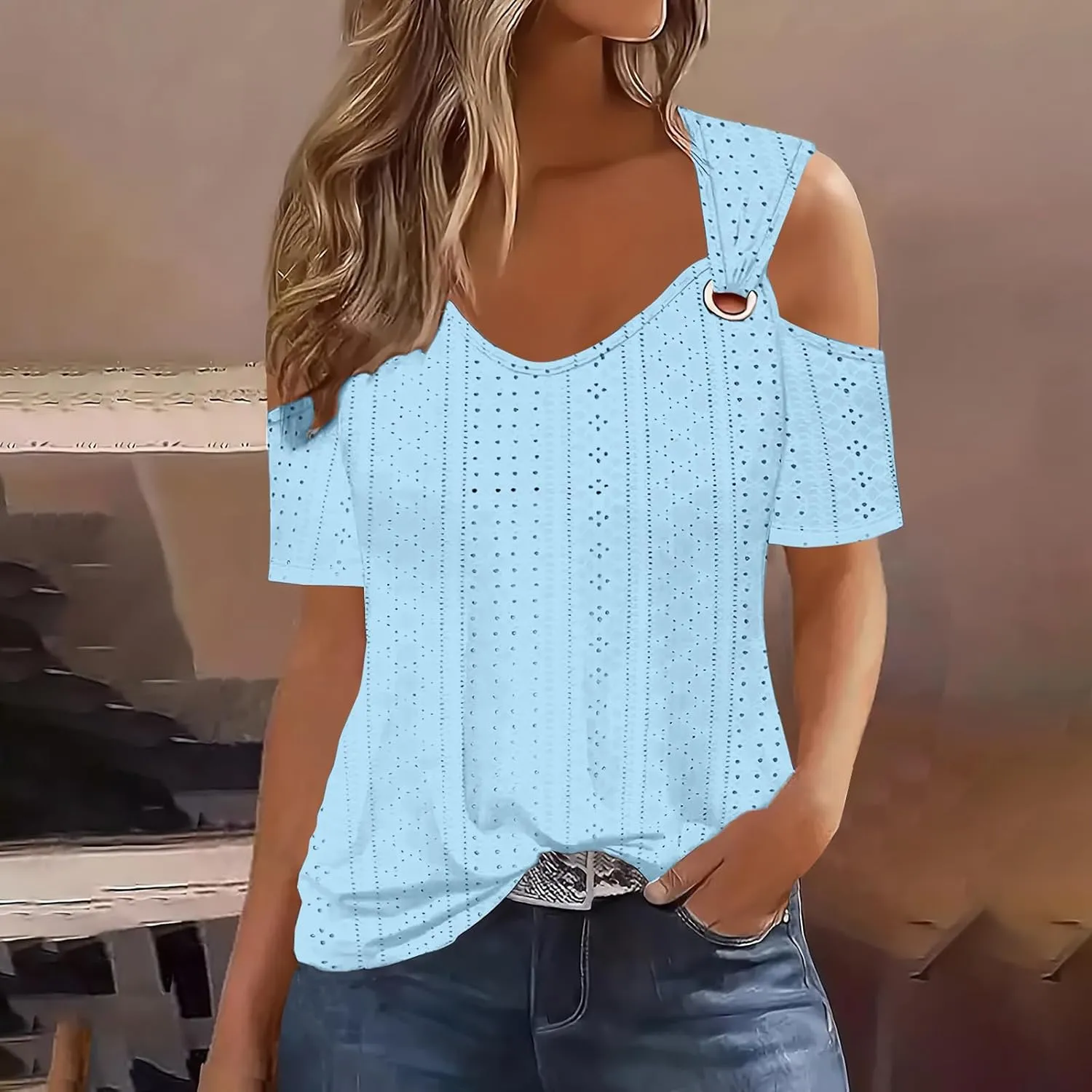 Womens Eyelet Tunic Tops Cold Shoulder Sexy T-Shirt Solid Color Hollow Out Blouse V Neck Short Sleeve Casual Shirts