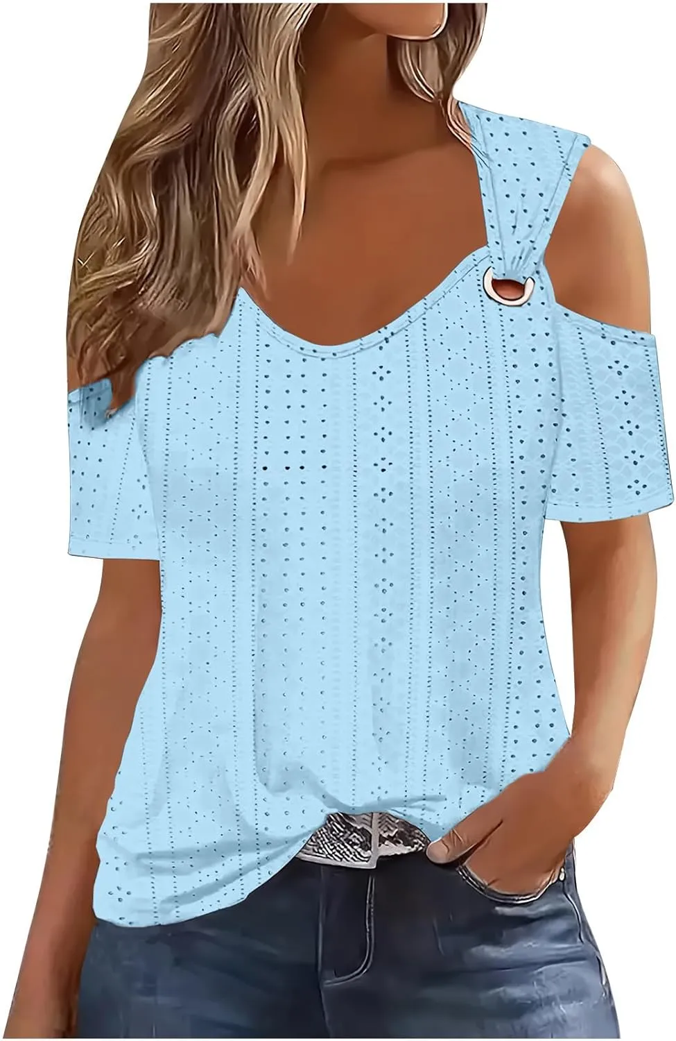 Womens Eyelet Tunic Tops Cold Shoulder Sexy T-Shirt Solid Color Hollow Out Blouse V Neck Short Sleeve Casual Shirts