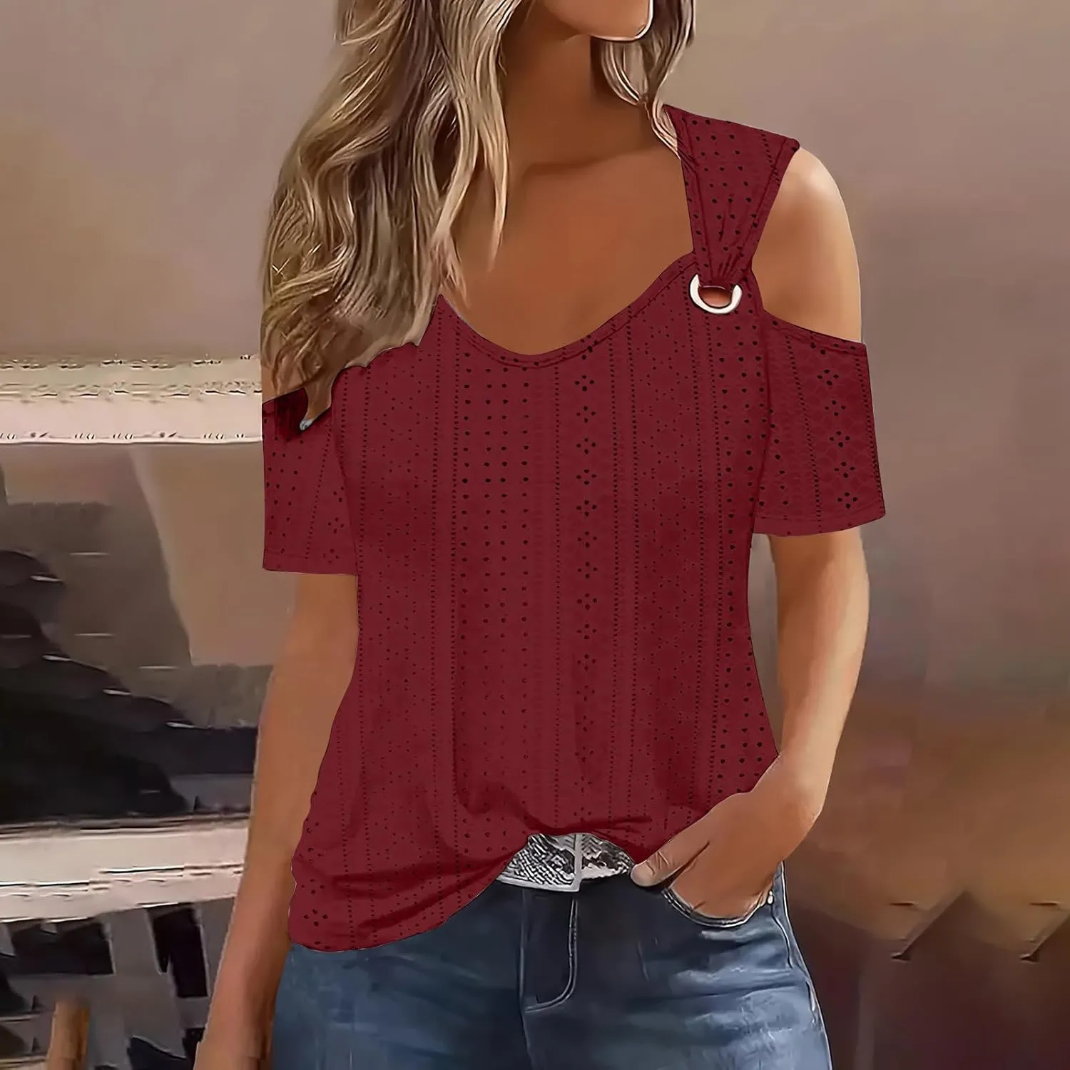 Womens Eyelet Tunic Tops Cold Shoulder Sexy T-Shirt Solid Color Hollow Out Blouse V Neck Short Sleeve Casual Shirts