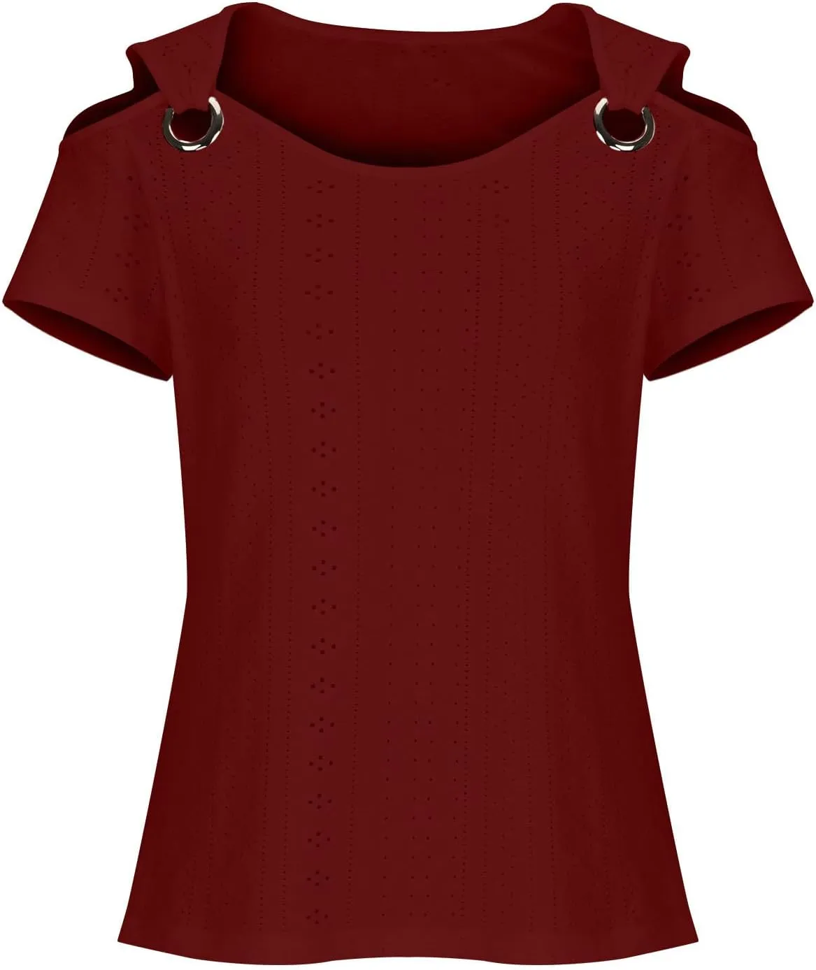 Womens Eyelet Tunic Tops Cold Shoulder Sexy T-Shirt Solid Color Hollow Out Blouse V Neck Short Sleeve Casual Shirts