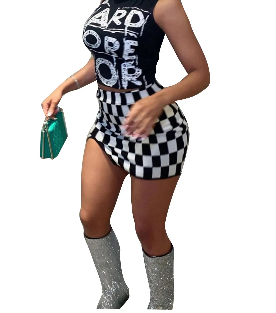 Women's Fashion Skirt Two-piece Sleeveless Square Plaid Vest Outfit