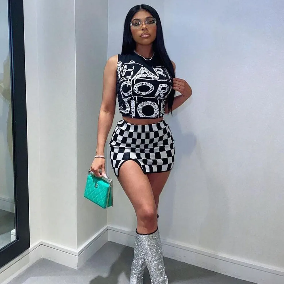Women's Fashion Skirt Two-piece Sleeveless Square Plaid Vest Outfit