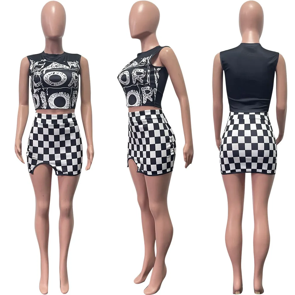 Women's Fashion Skirt Two-piece Sleeveless Square Plaid Vest Outfit
