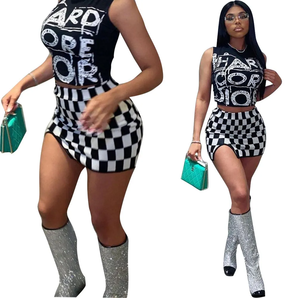 Women's Fashion Skirt Two-piece Sleeveless Square Plaid Vest Outfit