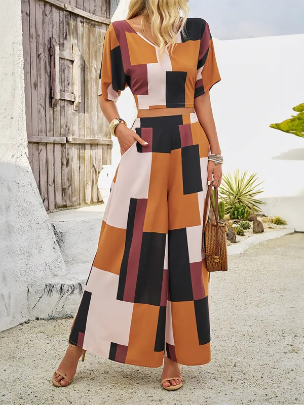 Women’s Geometric Print Wide-Leg Pants & Crop Top Set