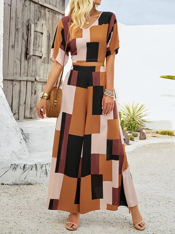 Women’s Geometric Print Wide-Leg Pants & Crop Top Set