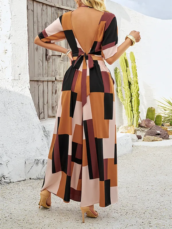 Women’s Geometric Print Wide-Leg Pants & Crop Top Set