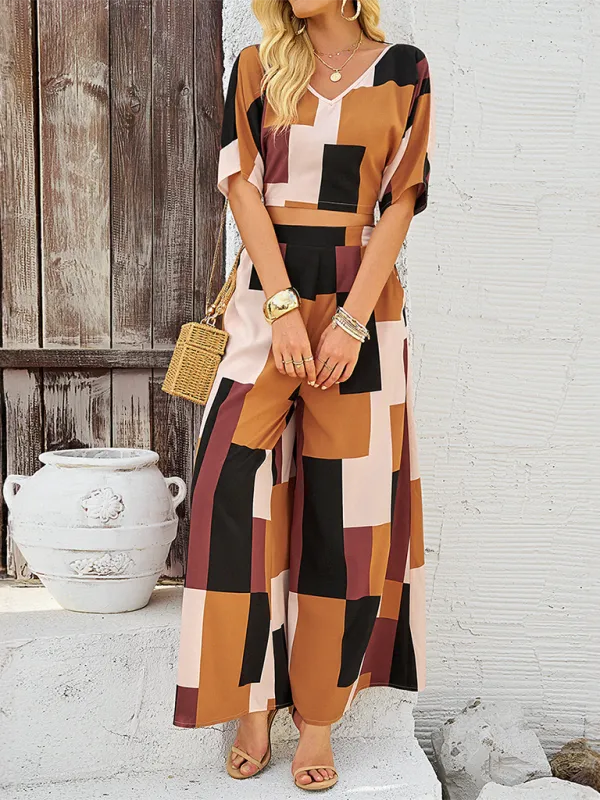 Women’s Geometric Print Wide-Leg Pants & Crop Top Set