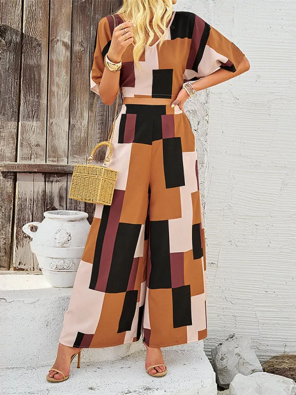 Women’s Geometric Print Wide-Leg Pants & Crop Top Set