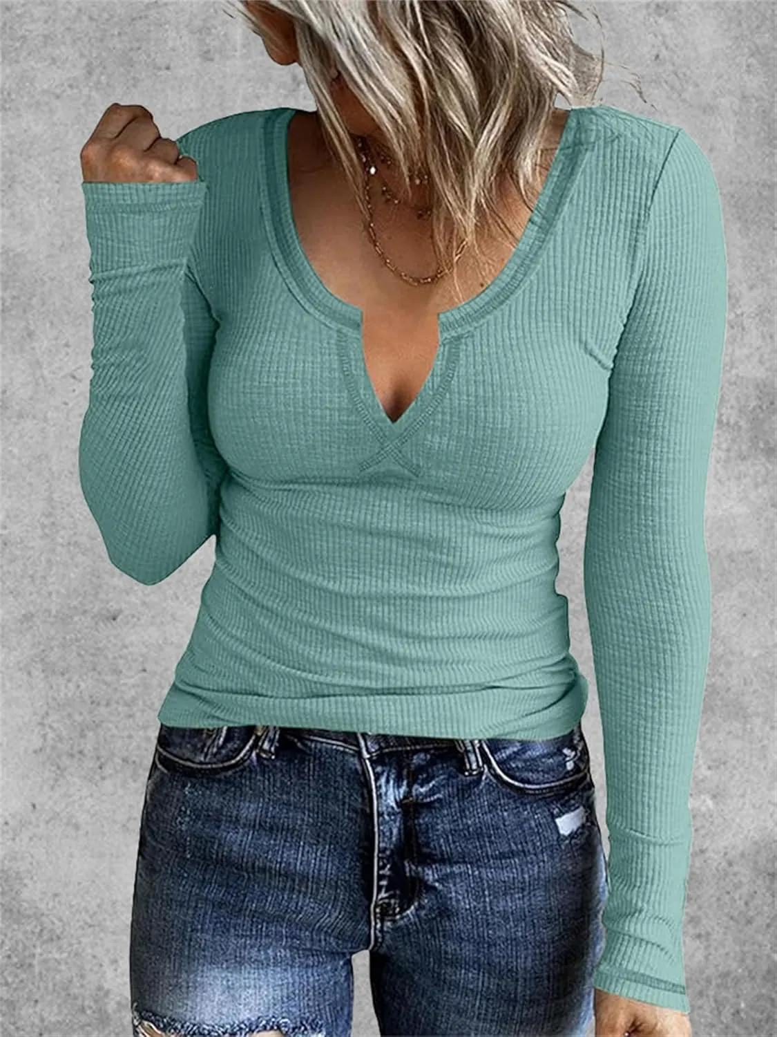 Womens Long Sleeve Shirts V Neck Ribbed Basic Tee Tunic Slim Fit Casual Top Fashion Comfortable Y2K Going Out T-Shirt