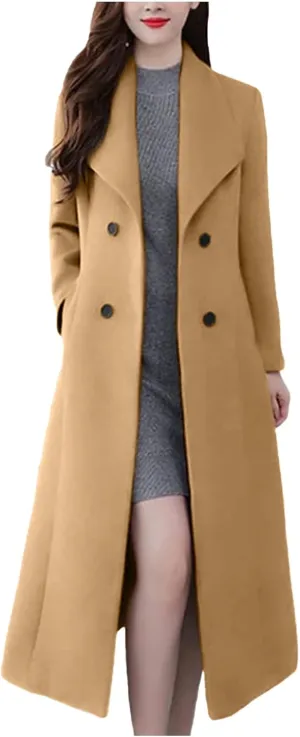 Women's Pea Coat Double Breasted Long Overcoat Plus Size Turndown Collar Winter Coats Trench Coats with Pockets
