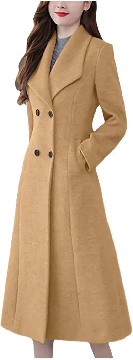 Women's Pea Coat Double Breasted Long Overcoat Plus Size Turndown Collar Winter Coats Trench Coats with Pockets