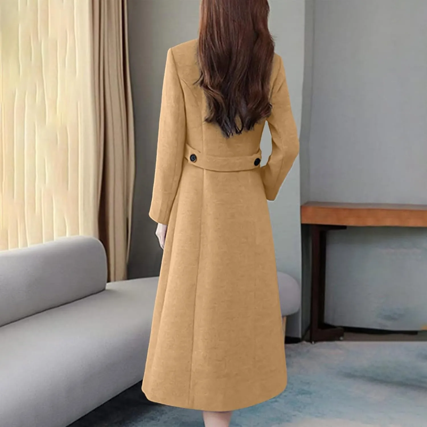 Women's Pea Coat Double Breasted Long Overcoat Plus Size Turndown Collar Winter Coats Trench Coats with Pockets