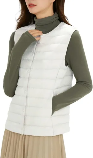 Women's Round Neck Puffer Vest Crewneck Winter Quilted Down Vest Trendy Lightweight Thicken Warm Bubble Gilet Tank