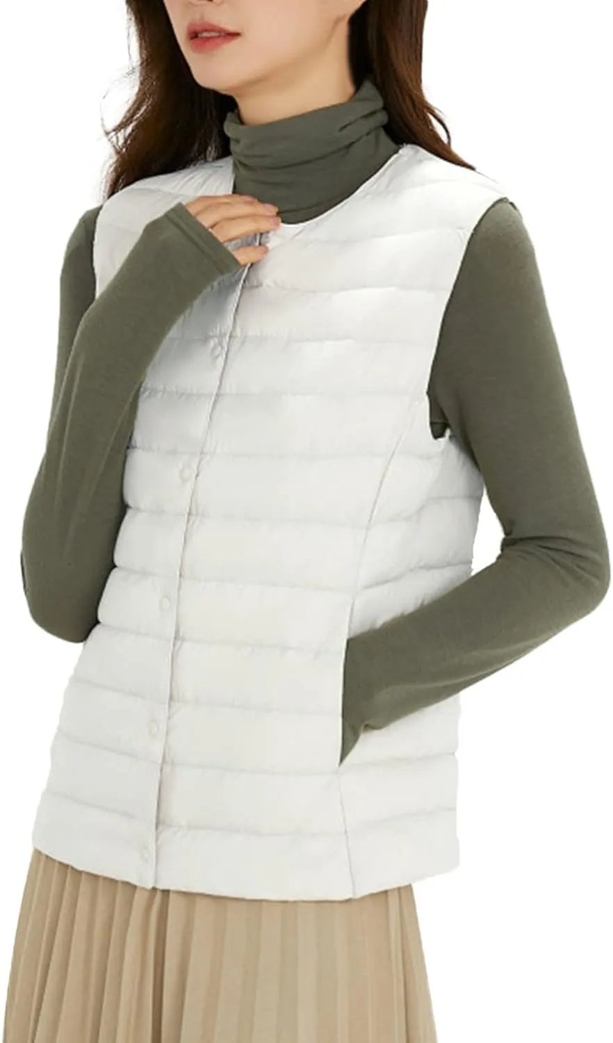 Women's Round Neck Puffer Vest Crewneck Winter Quilted Down Vest Trendy Lightweight Thicken Warm Bubble Gilet Tank