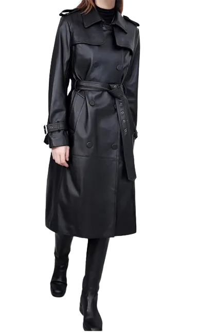 Womens Shay Genuine Lambskin Leather Long Trench Coat
