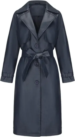 Womens Solid Color Trench Coat Long Buttons Belted Casual Jackets Long Sleeve Leather Motorcycle Cardigan Overcoats