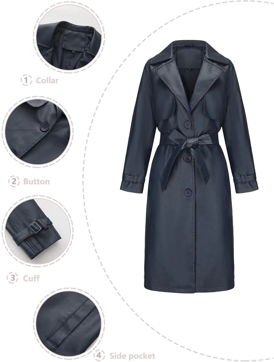 Womens Solid Color Trench Coat Long Buttons Belted Casual Jackets Long Sleeve Leather Motorcycle Cardigan Overcoats