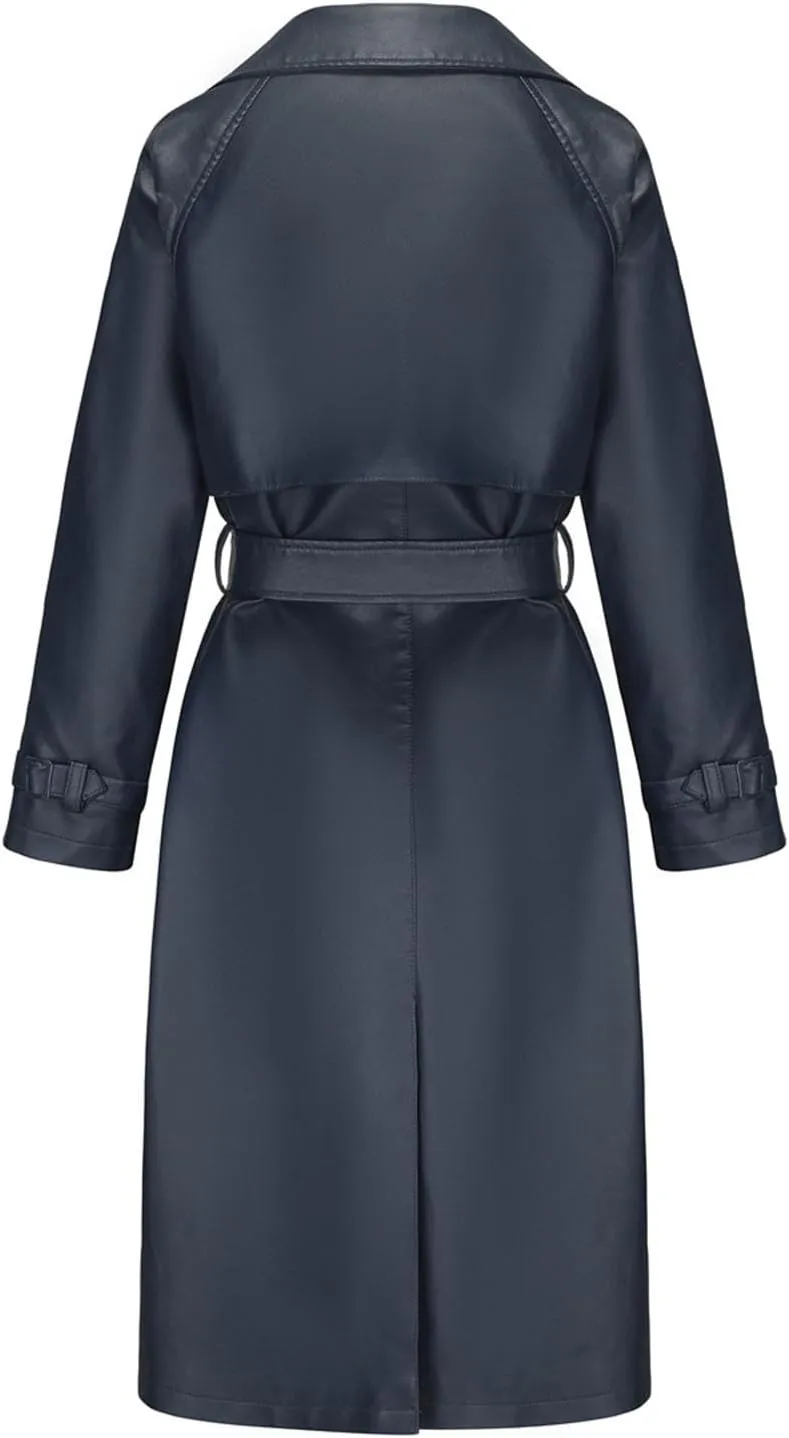 Womens Solid Color Trench Coat Long Buttons Belted Casual Jackets Long Sleeve Leather Motorcycle Cardigan Overcoats