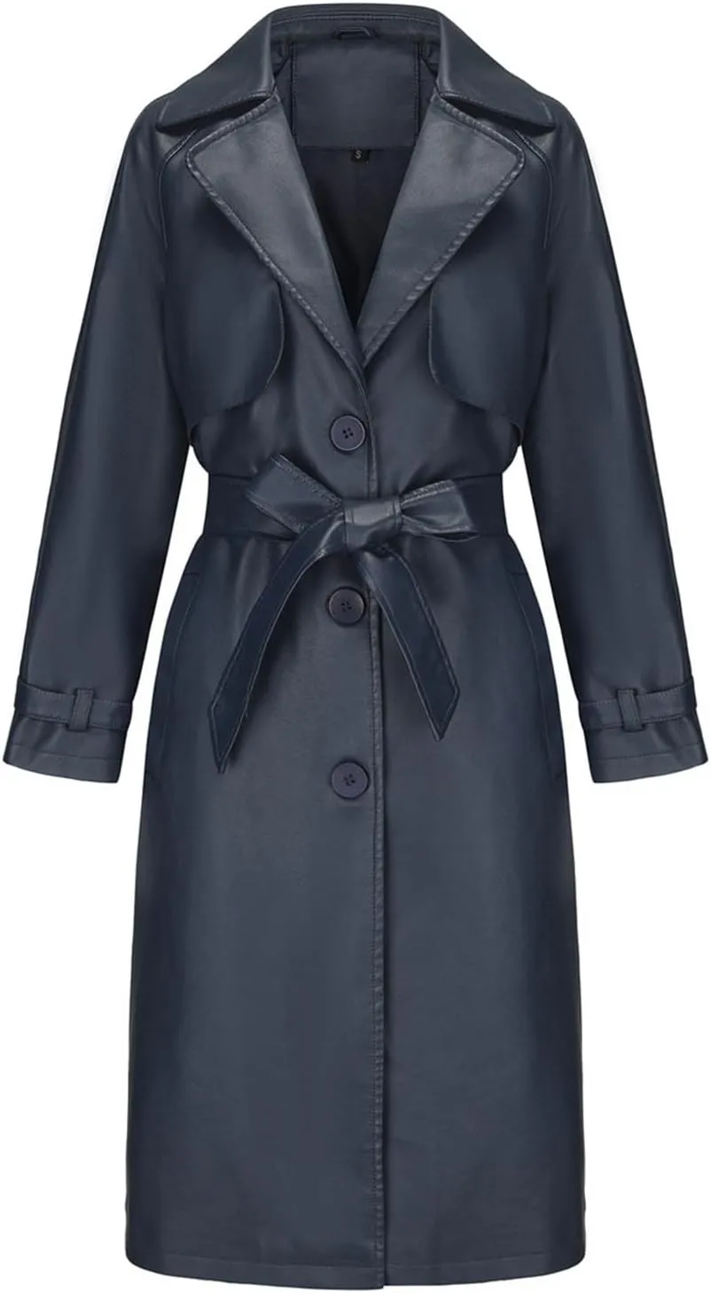 Womens Solid Color Trench Coat Long Buttons Belted Casual Jackets Long Sleeve Leather Motorcycle Cardigan Overcoats