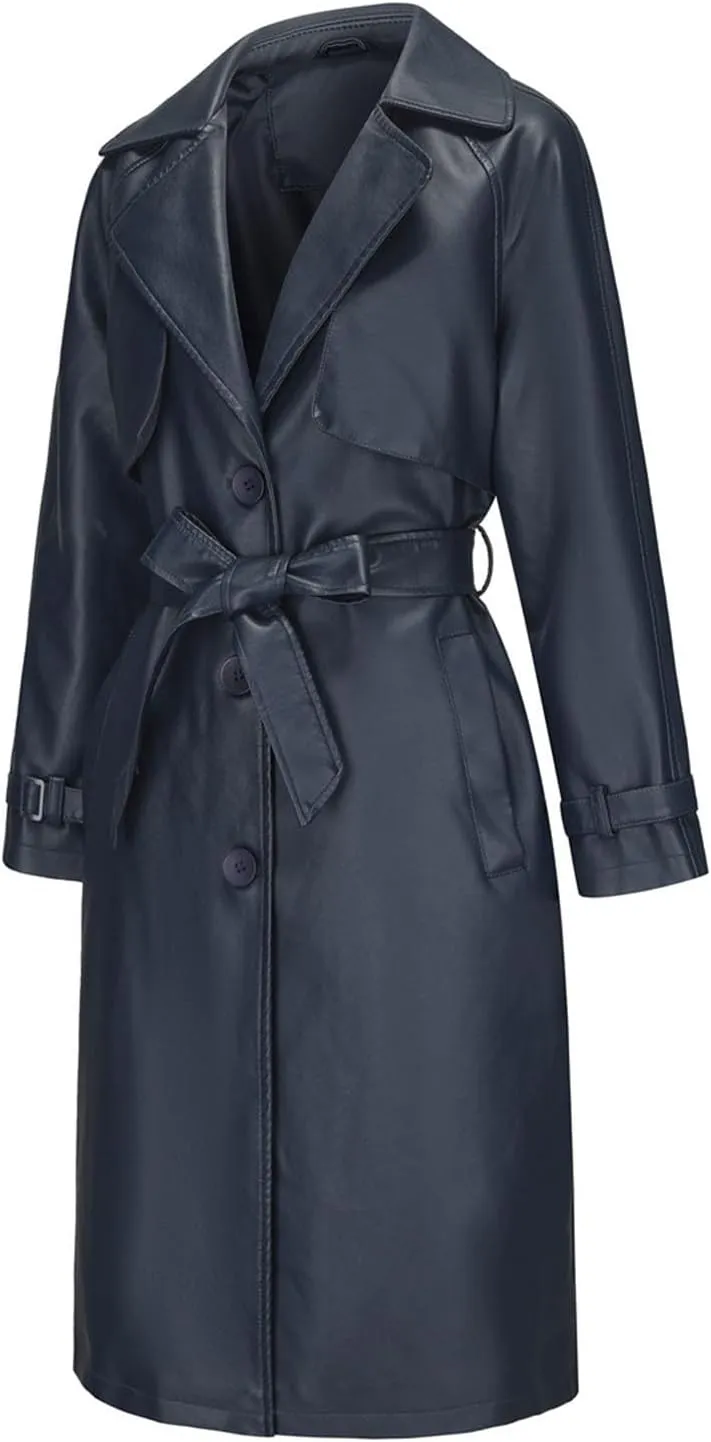 Womens Solid Color Trench Coat Long Buttons Belted Casual Jackets Long Sleeve Leather Motorcycle Cardigan Overcoats