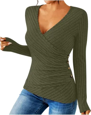 Womens Spring Tshirt Tops Long Sleeve V Neck T Shirt Slim Fit Basic Tees Sexy Wrap Ruched Button Down Tshirts 2025