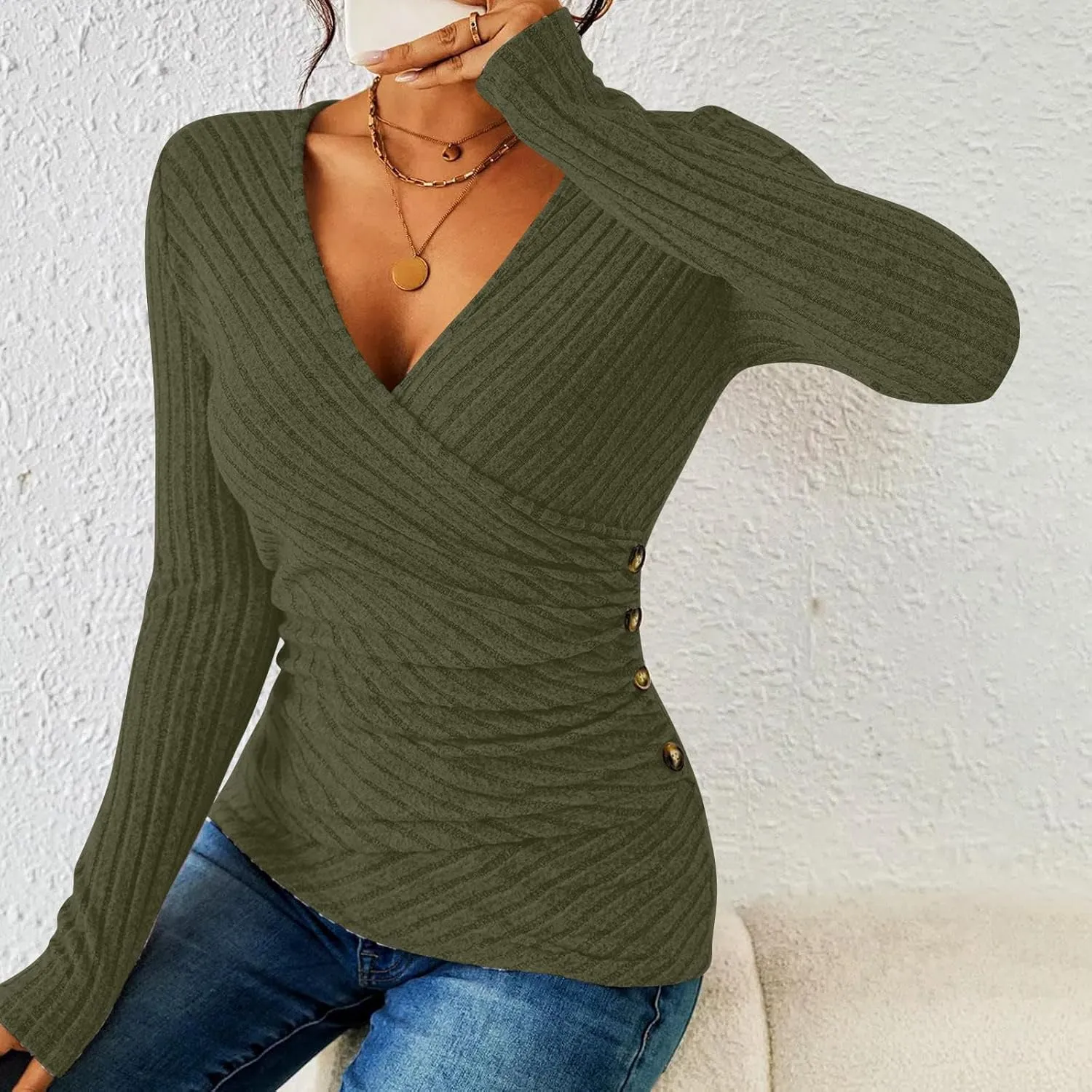 Womens Spring Tshirt Tops Long Sleeve V Neck T Shirt Slim Fit Basic Tees Sexy Wrap Ruched Button Down Tshirts 2025