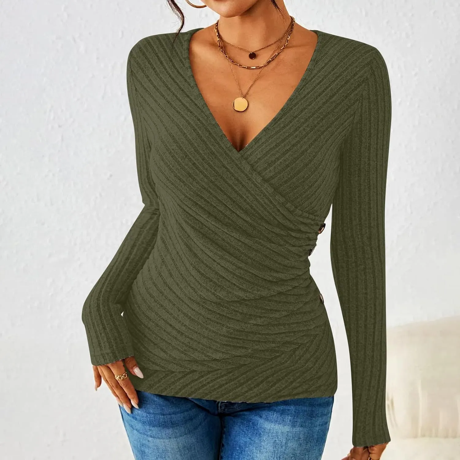 Womens Spring Tshirt Tops Long Sleeve V Neck T Shirt Slim Fit Basic Tees Sexy Wrap Ruched Button Down Tshirts 2025