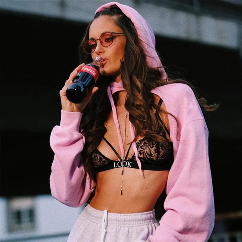 Women's Spring/Autumn Long-Sleeved Hooded Cropped Sweatshirt
