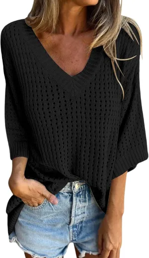 Womens Summer Tops 3/4 Sleeve V Neck Sweater Causal Crochet Hollow Out Knit Pullover Tops Beach Coverup