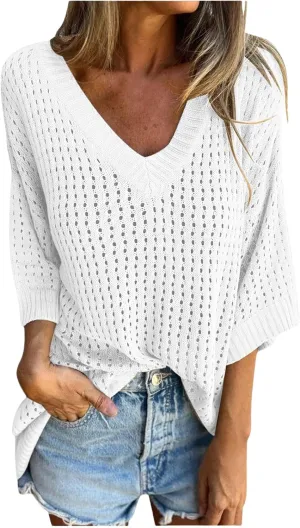 Womens Summer Tops 3/4 Sleeve V Neck Sweater Causal Crochet Hollow Out Knit Pullover Tops Beach Coverup