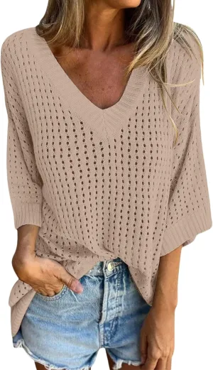 Womens Summer Tops 3/4 Sleeve V Neck Sweater Causal Crochet Hollow Out Knit Pullover Tops Beach Coverup