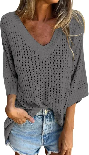Womens Summer Tops 3/4 Sleeve V Neck Sweater Causal Crochet Hollow Out Knit Pullover Tops Beach Coverup
