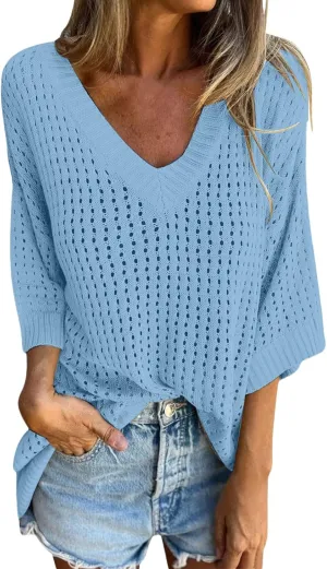 Womens Summer Tops 3/4 Sleeve V Neck Sweater Causal Crochet Hollow Out Knit Pullover Tops Beach Coverup